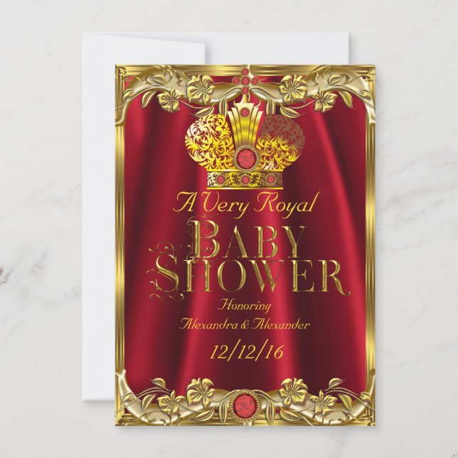 Invitation Couronne royale rouge gemme or bébé neutre 2 (Devant)