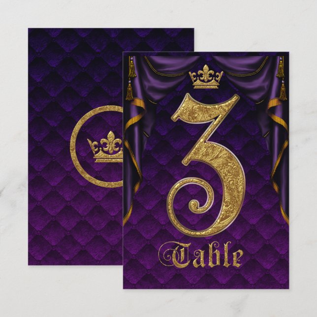 Invitation Couronne Royale Violette Dorée Table de Mariage Nu (Devant / Derrière)