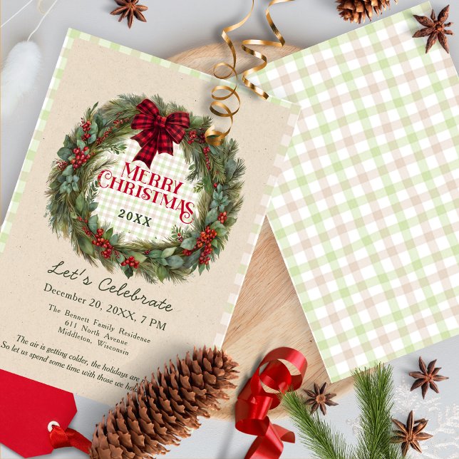 Invitation Couronne Rustique à Carreaux Fête de Noël (Créateur téléchargé)