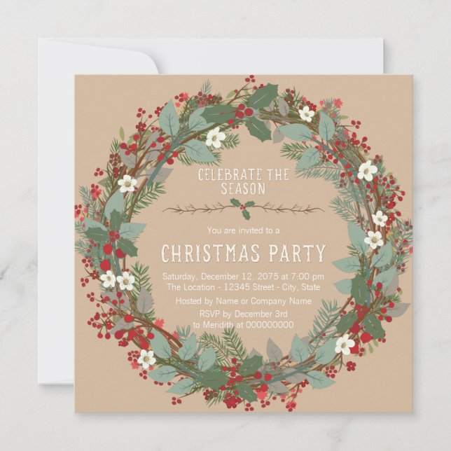 Invitation Couronne rustique de Noël pour fête (Devant)