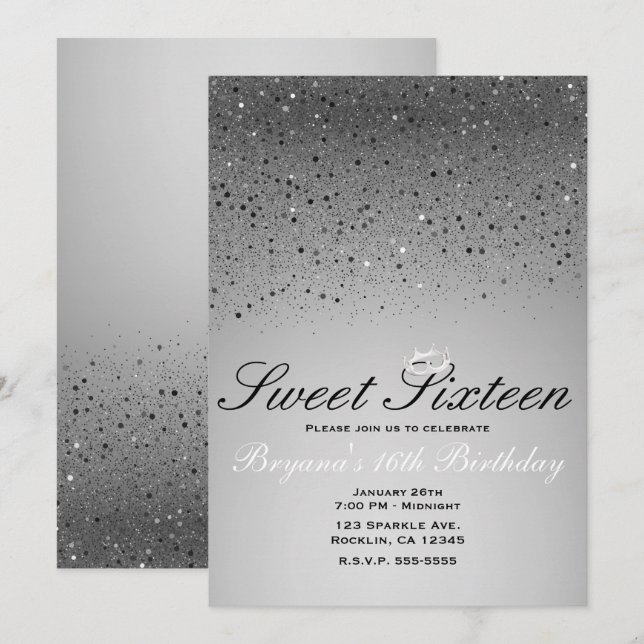 Invitation Couronne scintillante à paillettes argentées pour  (Devant / Derrière)
