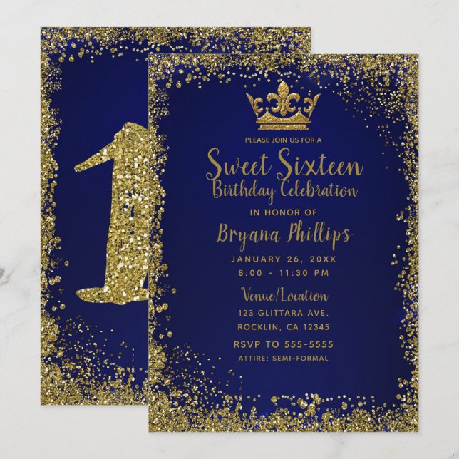 Invitation Couronne scintillante bleue royale et or pour fête (Devant / Derrière)