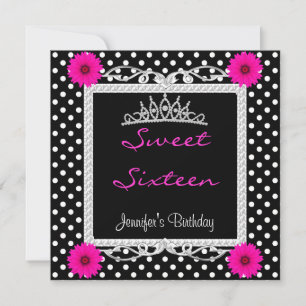 Invitation Couronne Sweet 16 16ème Noir Blanc tache Rose flor