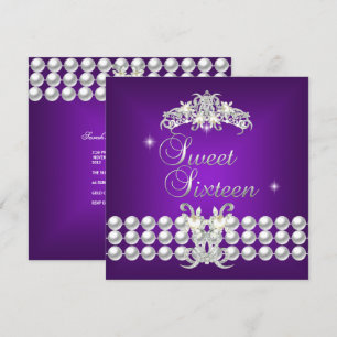 Invitation Couronne Sweet Sixteen 16 Violet Argent Perle Blan