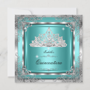 Invitation Couronne Teal Argent Diamant Quinceanera Fête des