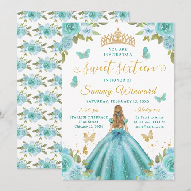 Invitation Couronne Turquoise Fleurie Or Princesse Sweet Sixt (Devant / Derrière)