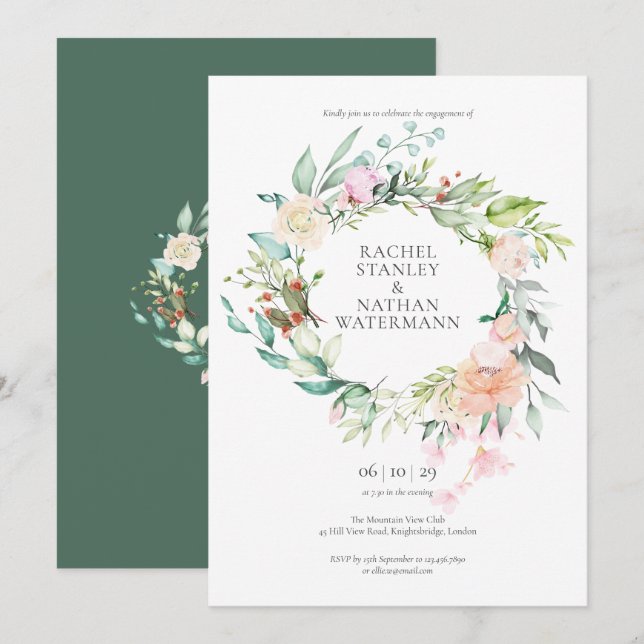 Invitation Couronne végétale de roses aquarelle pour fête de  (Devant / Derrière)