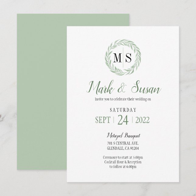 Invitation Couronne verte monogramme de mariage (Devant / Derrière)