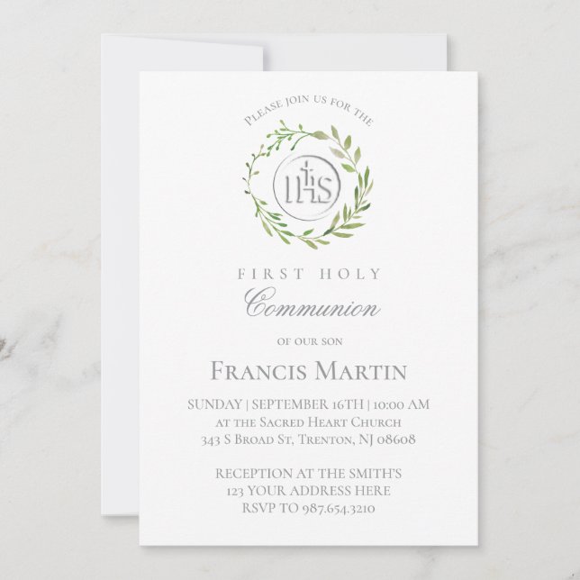 Invitation couronne verte première communion solennelle (Devant)