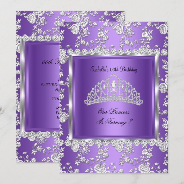 Invitation Couronne Violet Argent Fête d'anniversaire Princes (Devant / Derrière)