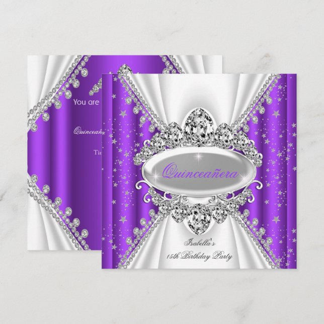 Invitation Couronne violette de princesse pour les 15 ans de  (Devant / Derrière)