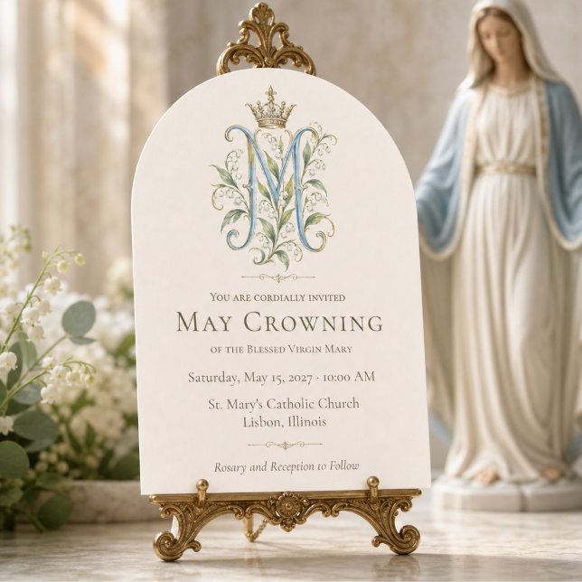 Invitation Couronnement de mai avec monogramme marian floral  (Créateur téléchargé)