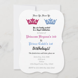 Invitation Couronnes de prince et princesse pour fête de jume