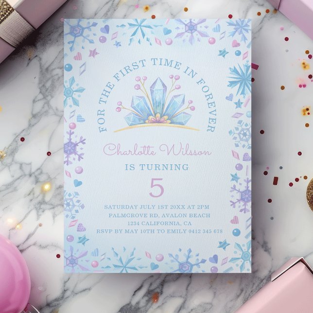 Invitation Couronnes de princesse de conte de fées gelé pour  (Watercolor Frozen Fairy Tale Snowflakes Hearts Ice Crystals Princess Crowns Birthday Invitation)