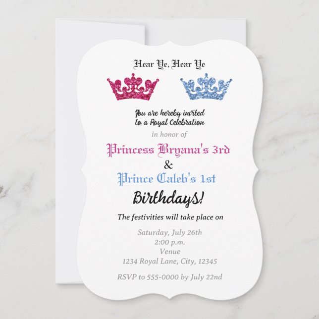 Invitation Couronnes Prince Princesse Jumeaux Fête Rose & Ble (Devant)