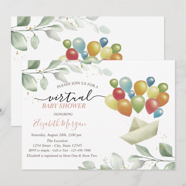 Invitation Courrier de ballons Feuilles Baby Shower virtuel (Devant / Derrière)