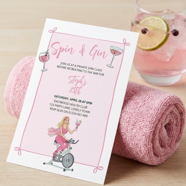 Invitation Cours de Spin et Gin Rose et Soirée Cocktail (Spin and Gin party invitation  for fun loving fitness pals)