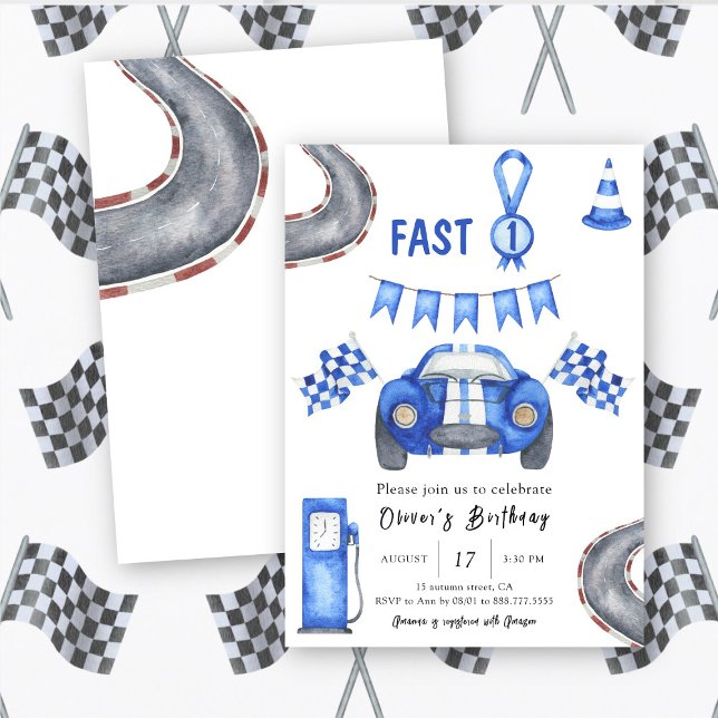 Invitation Course aquarelle Voiture premier anniversaire Fast (Créateur téléchargé)