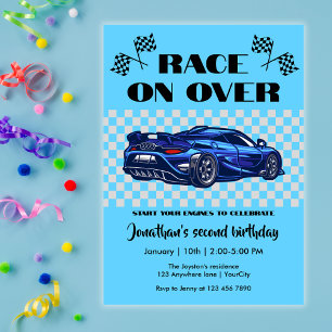 Invitation Course dans une magnifique voiture de sport bleue 