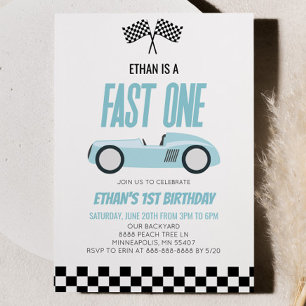 Invitation Course Fast One Blue Racecar Voiture 1er fête d'an