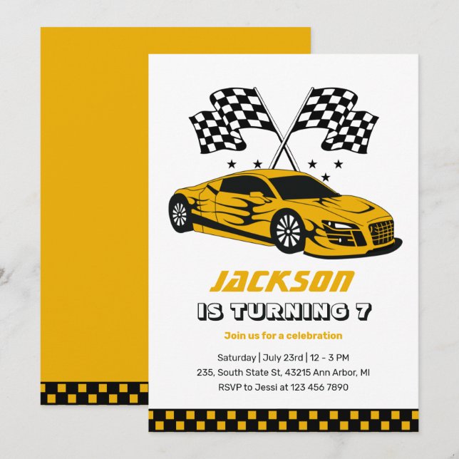 Invitation Course Jaune Voiture Course Enfants Garçons Annive (Devant / Derrière)