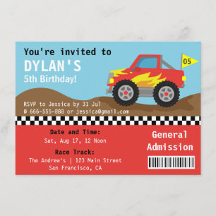 Invitation Course Monster Truck Party, Boys Admission Ticket