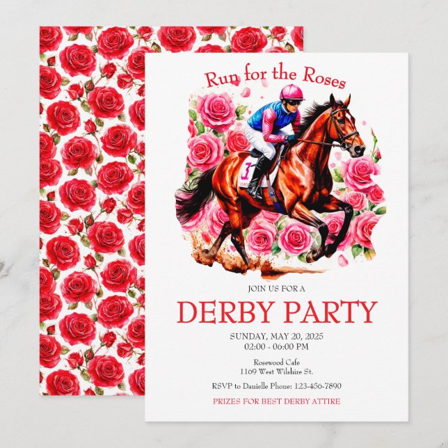 Invitation Course pour l'Invitation Rose Horse Derby Party (Devant / Derrière)