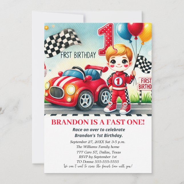 Invitation Course sur Red Car 1er anniversaire garçon enfants (Devant)