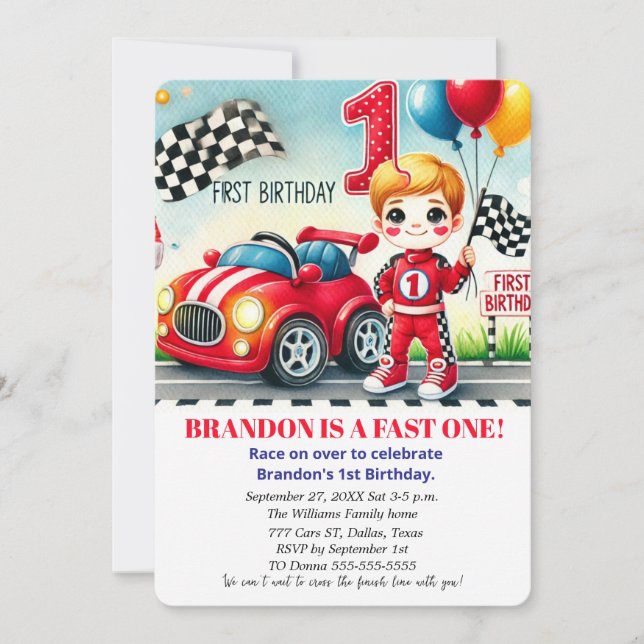 Invitation Course sur une voiture rouge pour le 1er anniversa (Devant)