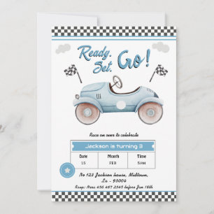 Invitation Course Voiture bleu vintage prêt prêt aller 3e ann