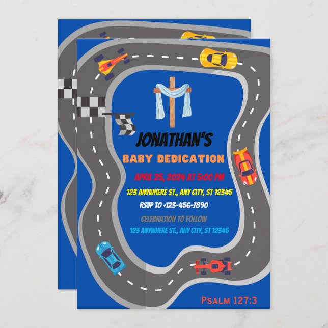 Invitation Course Voitures Racetrack Baby Boy Dedication (Devant / Derrière)
