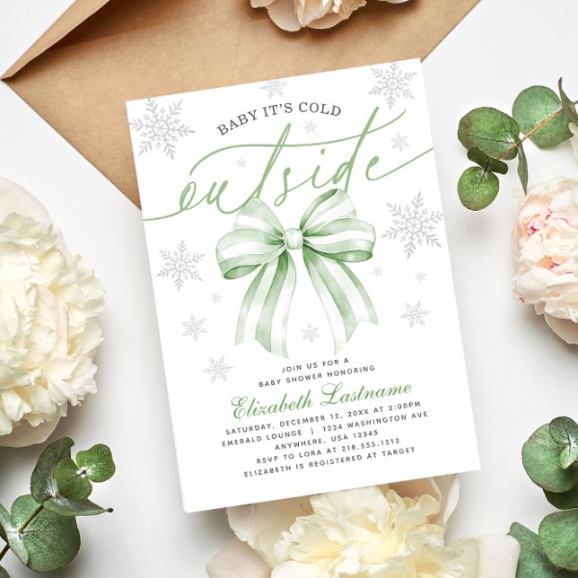 Invitation Coussin Vert Bébé Il Fait Froid Dehors Baby Shower (Baby Its Cold Outside Coquette Green Bow Birthday Invitation
#winterbabyshower
#genderneutralshower)
