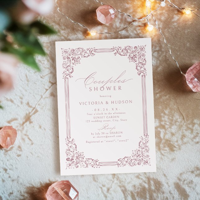 Invitation Coussins Élégants Couples Douche Vintage Rose Duis (Dusty Pink Vintage Frame Elegant Couples Shower Invitation)