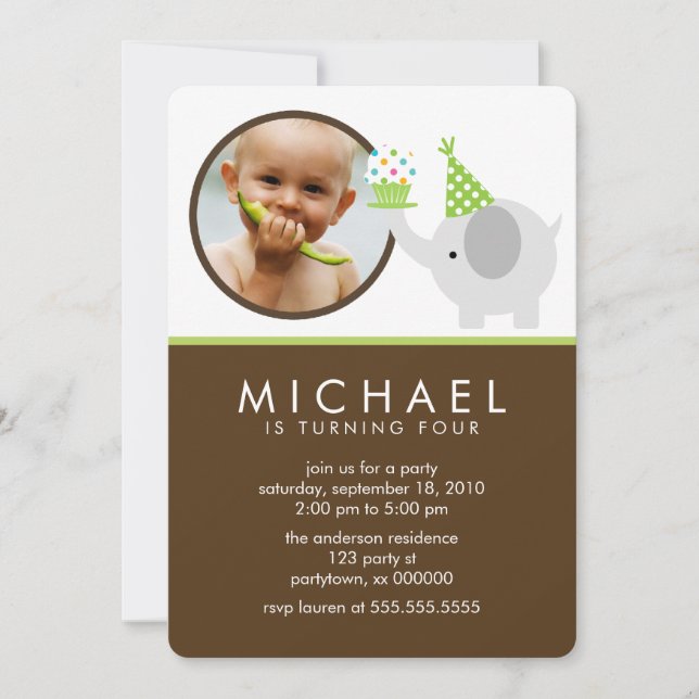Invitation Coute Eléphant Enfants Photo Anniversaire (Devant)