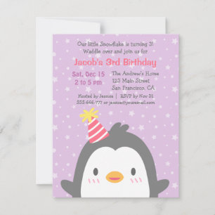 Invitation Coute Penguin Décembre Fête d'anniversaire violet