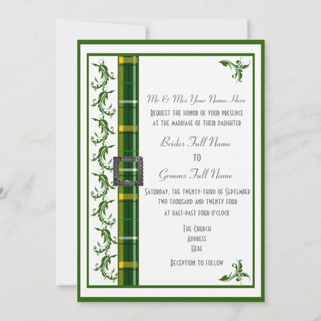 Invitation Coutume écossaise verte et blanche (Dos)