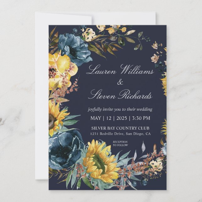 Invitation Coutume mariage bleu bleu marine Sunflower & Wreat (Devant)