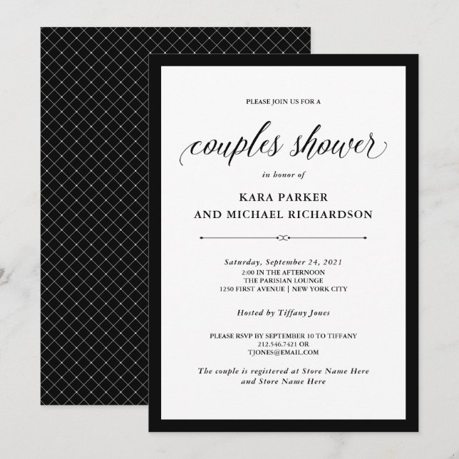 Invitation Couture élégante | Douche Couples Noir et Blanc (Devant / Derrière)