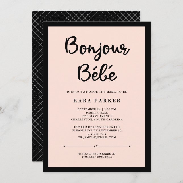 Invitation Couture française| Baby shower noir et rose (Devant / Derrière)