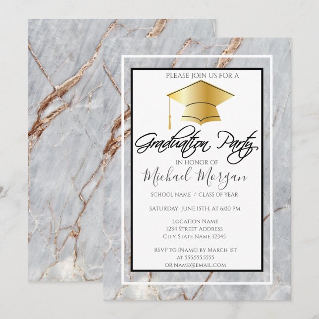 Invitation Couverture de diplôme en or Marbre Pierre Fête de  (Devant / Derrière)