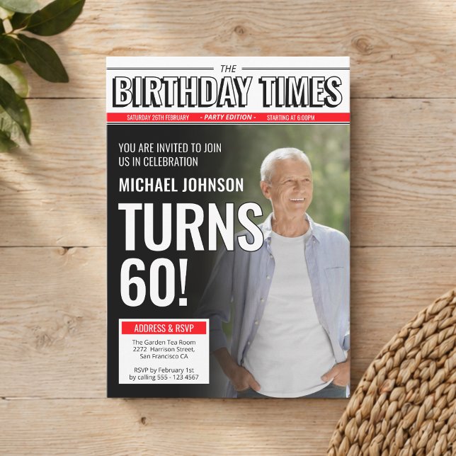 Invitation Couverture de journal moderne avec photo personnal (Custom Photo Modern Newspaper Cover 60th Birthday Invitation)