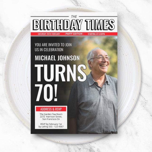 Invitation Couverture de journal personnalisée moderne avec p (Modern Custom Photo Newspaper Cover 70th Birthday Invitation)