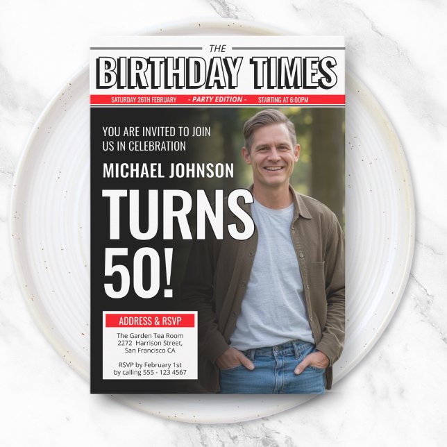 Invitation Couverture de journal personnalisée moderne pour 5 (Modern Custom Photo 50th Birthday Newspaper Cover Invitation)
