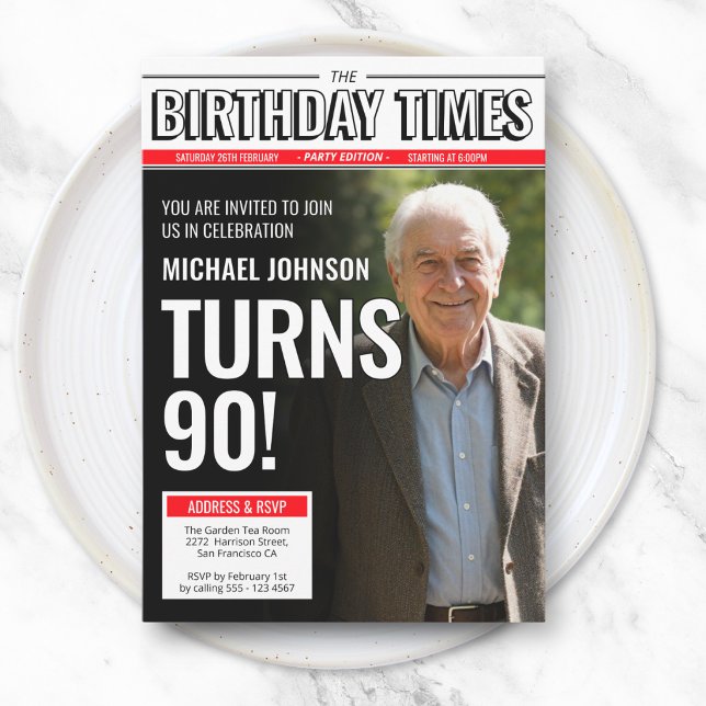 Invitation Couverture de journal personnalisée moderne pour 9 (Modern Custom Photo 90th Birthday Newspaper Cover Invitation)