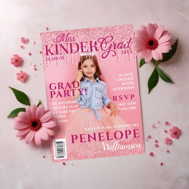 Invitation Couverture de la Parties scintillant rose de Miss  (Miss Kinder Grad Pink Glitter Drip Magazine Cover Invitation)