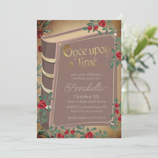 Invitation Couverture de livre de conte de fées avec des rose (Debout devant)