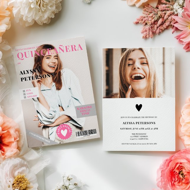 Invitation Couverture de magazine 2 photos rose tendance Quin (Magazine cover 2 photos pink trendy Quinceanera Invitation)