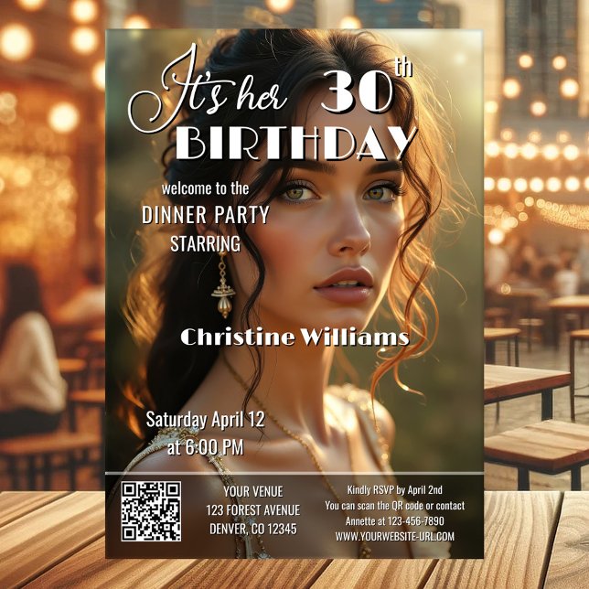 Invitation Couverture de magazine adulte pour un anniversaire (Adult birthday party invitation in magazine cover style with custom photo and QR code template)