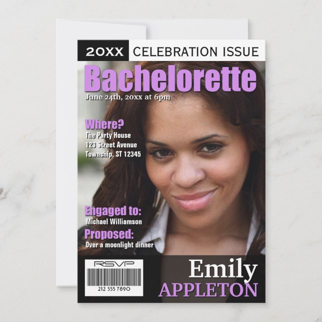 Invitation Couverture de magazine Bachelorette violet Invitat (Devant)