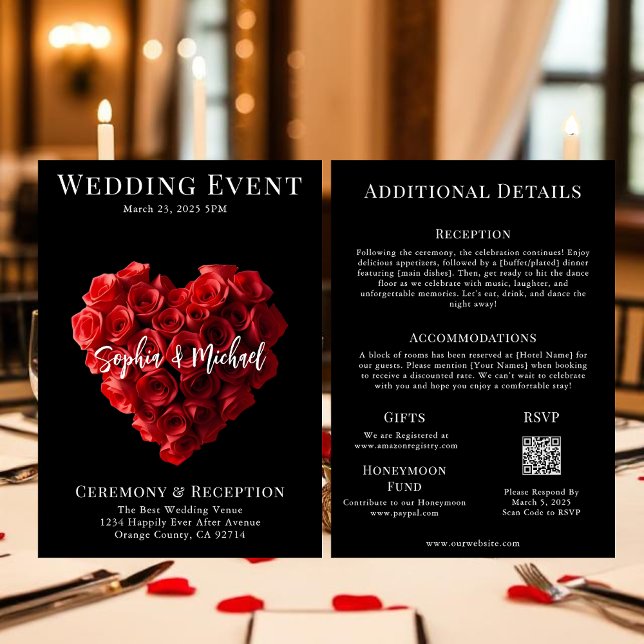 Invitation Couverture de Magazine de Mariage Tout en Un (Wedding Invitation Red Roses in the Shape of a Heart- Black White and Red)
